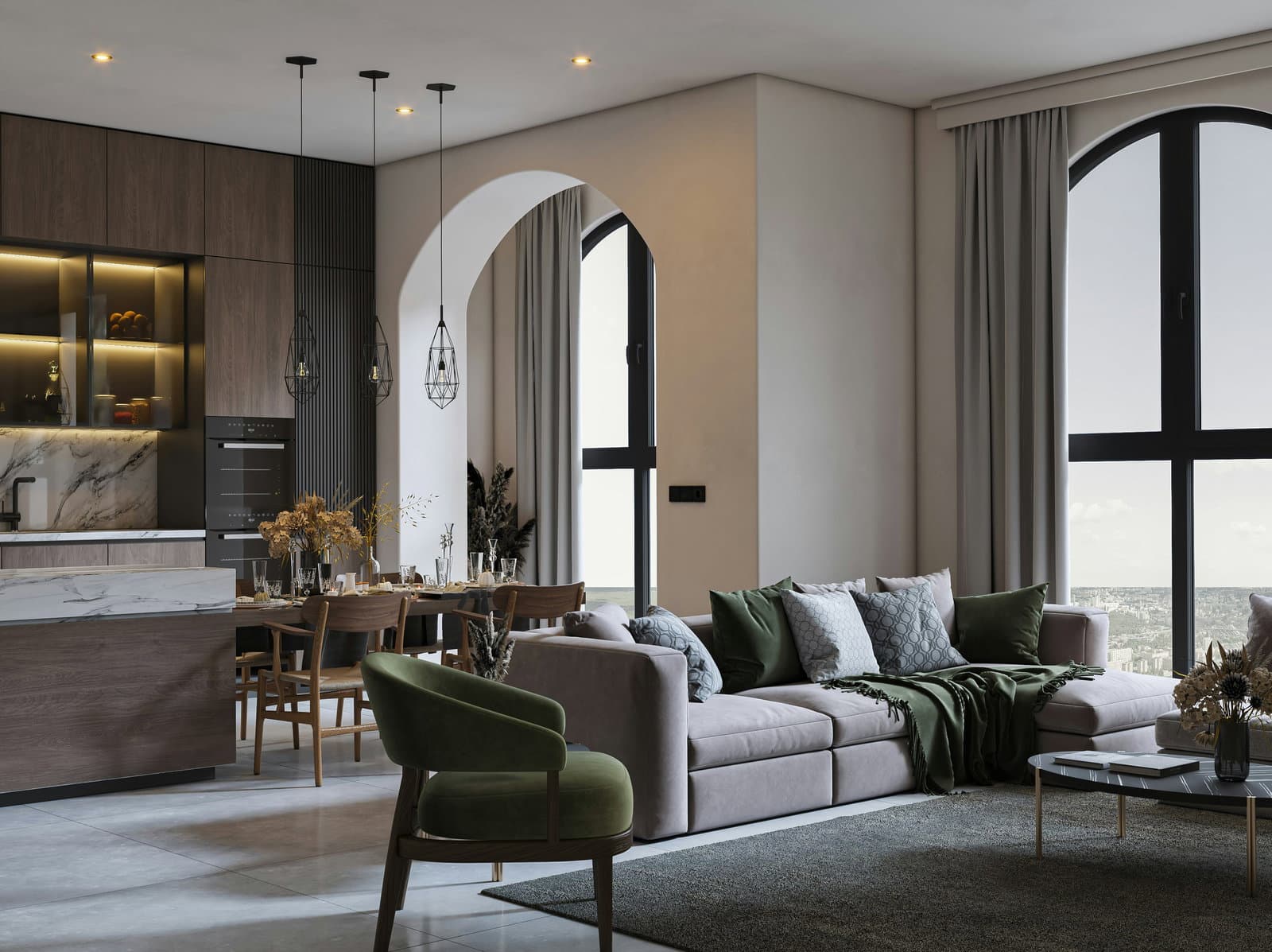 Luxury living room interior with large window